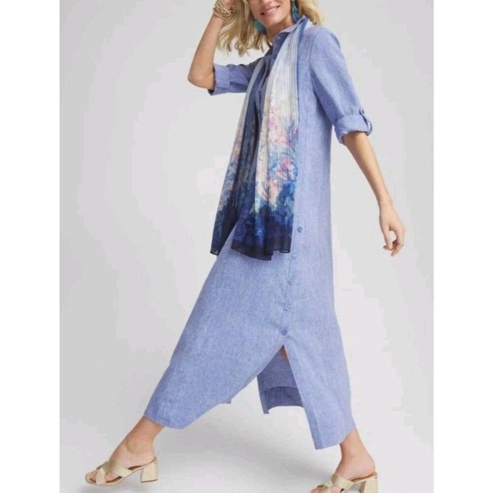Chicos Maxi Linen Shirt Dress Size 6 Blue Roll Tab Sleeve Lightweight Pockets - Picture 10 of 10